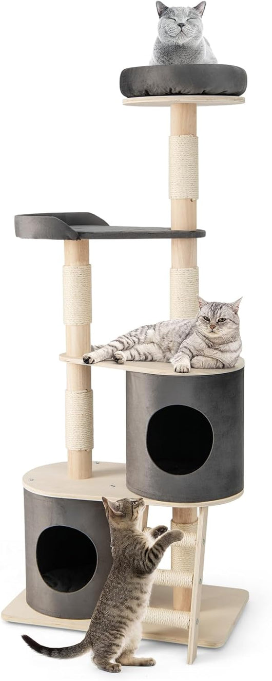 Albero Tiragraffi per Gatti, Tiragraffi per Gatti Multilivello con 2 Cucce Accoglienti, Trespolo in Tessuto Felpato, Piattaforma, Pali Tiragraffi e Scala con Rivestimento in Sisal