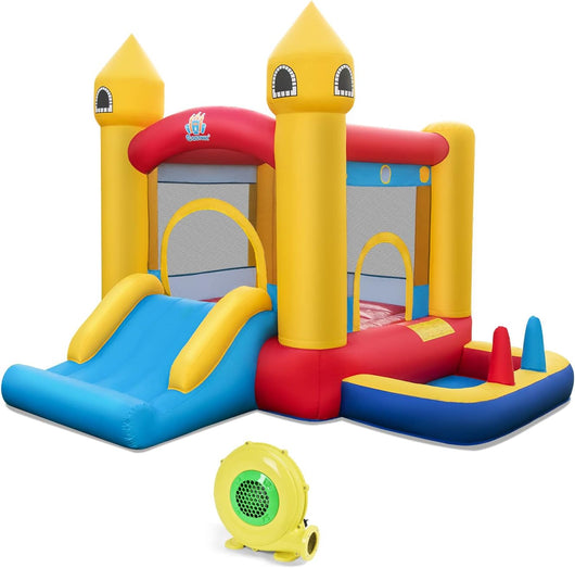 Castello Gonfiabile 6 in 1 con Soffiatore 480W, Gonfiabile per Bambini con Scivolo, Area di Salto, Canestro, Piscina di Palline, Lancio di Anelli e di Palline, per Interno Esterno e Feste