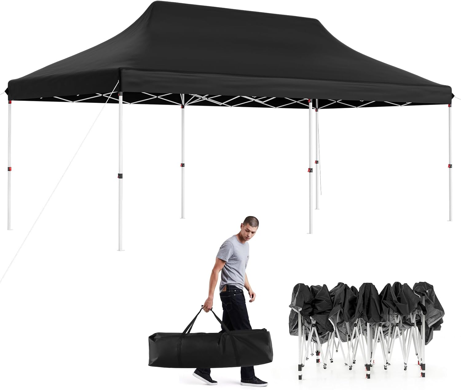 Gazebo Pieghevole da Giardino 3 x 6m, Gazebo Pop-up con Borsa da Trasporto, Regolabile in Altezza, per Feste, Barbecue, Giardino e Spiaggia (Nero)
