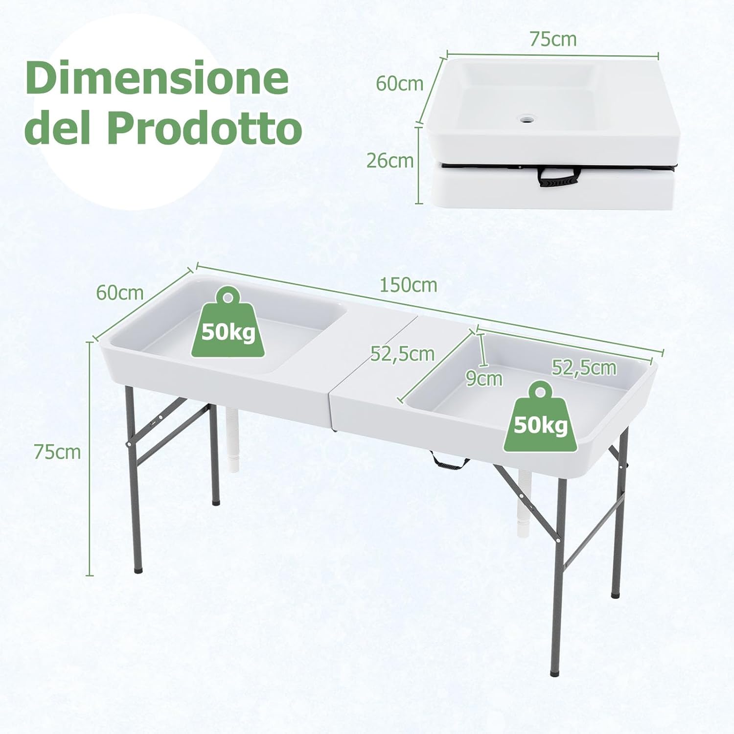 Tavolo Pieghevole Giardino 150 cm, Tavolo da Esterno con Doppi Lavelli, Tubi di Scarico, con Raffreddatore per Ghiaccio, Contenitore per Bevande, per Giardino Campeggio