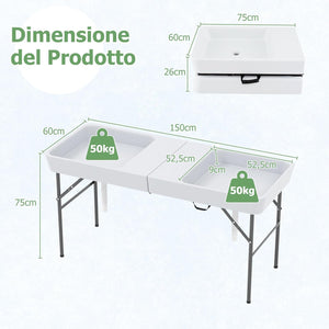 Tavolo Pieghevole Giardino 150 cm, Tavolo da Esterno con Doppi Lavelli, Tubi di Scarico, con Raffreddatore per Ghiaccio, Contenitore per Bevande, per Giardino Campeggio