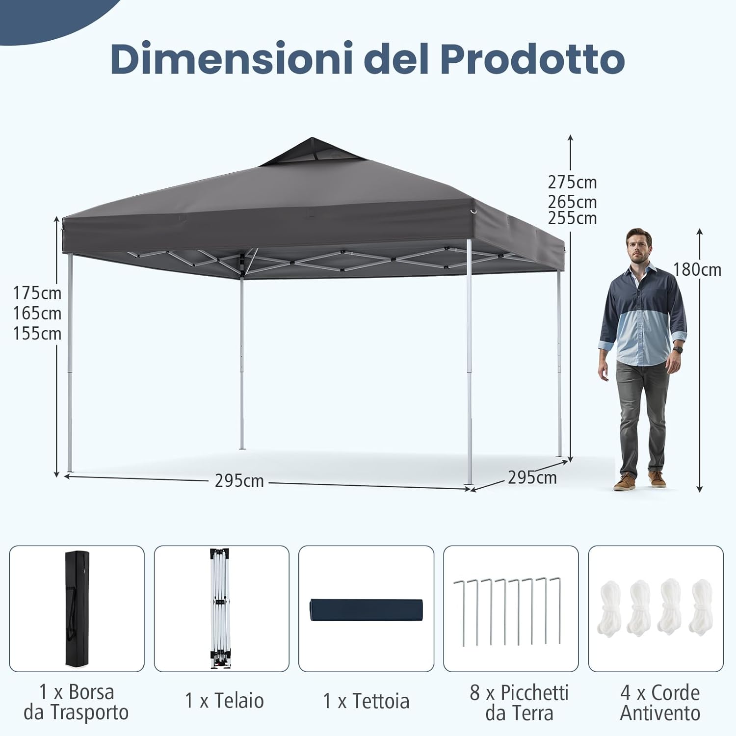 Gazebo Pop-up da 295 x 295 cm, Gazebo da Giardino Impermeabile con Blocco Centrale, Borsa da Trasporto Portatile, Corde Antivento, Picchetti, Tenda Regolabile in Altezza per Feste (Grigio)