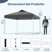 Gazebo Pop-up da 295 x 295 cm, Gazebo da Giardino Impermeabile con Blocco Centrale, Borsa da Trasporto Portatile, Corde Antivento, Picchetti, Tenda Regolabile in Altezza per Feste (Grigio)