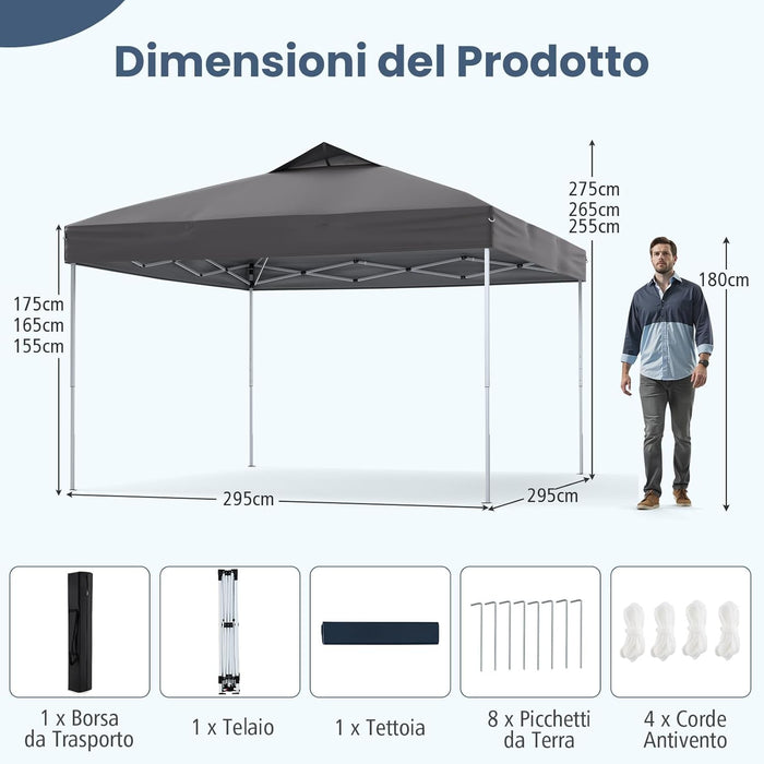 Gazebo Pop-up da 295 x 295 cm, Gazebo da Giardino Impermeabile con Blocco Centrale, Borsa da Trasporto Portatile, Corde Antivento, Picchetti, Tenda Regolabile in Altezza per Feste (Grigio)