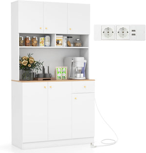 Armadio Dispensa da Cucina, Credenza da Cucina Alta con Ripiani Regolabili in 3 Posizioni, Illuminazione a LED e Presa Elettrica, per Sala da Pranzo, Soggiorno, Cucina, 100 x 40 x 181 cm