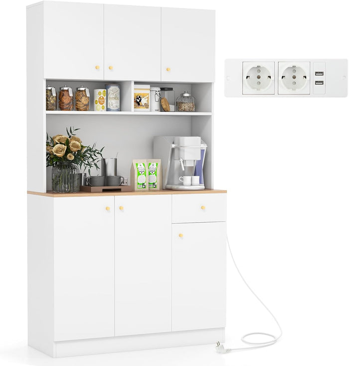 Armadio Dispensa da Cucina, Credenza da Cucina Alta con Ripiani Regolabili in 3 Posizioni, Illuminazione a LED e Presa Elettrica, per Sala da Pranzo, Soggiorno, Cucina, 100 x 40 x 181 cm