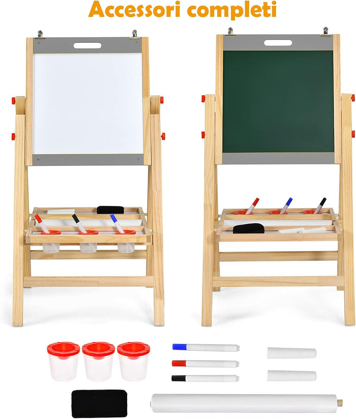 Cavalletto 3 in 1 Pieghevole per Bambini, Cavalletto Artistico di Legno con Altezza Regolabile, con Doppia Lavagna e Vassoio (Grigio)