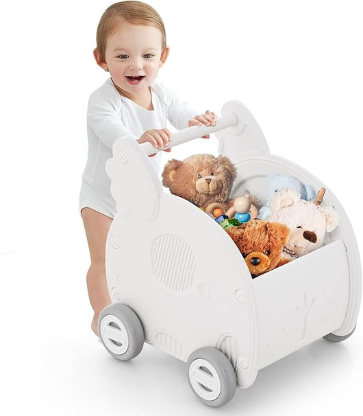 Girello per Bambini, Carrello a Spinta con Contenitore, Primi Passi con 4 Ruote, Maniglia e Spazio di Stoccaggio, per Bambini 3+Anni