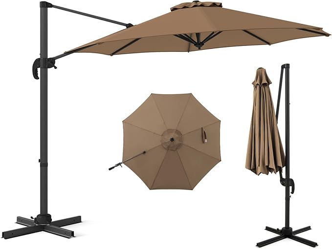 Ombrellone da Esterno 294 cm, Ombrellone con Rotazione a 360°, 5 Angoli di Inclinazione Regolabili, Base a Forma di Croce, 8 Stecche, Ombrellone per Giardino, Piscina, Cortile