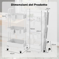 Carrello a 3 Ripiani, Carrello da Cucina Pieghevole con 3 Tazze Appendibili e 6 Ganci, Carrello da Conservazione Multiuso per Casa Ufficio, 45 x 37 x 92 cm