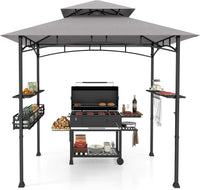 Gazebo per Barbecue, Pergola per BBQ con 2 Ripiani Laterali, Cestino, Ganci Appendiutensili, Apribottiglie, Copertura a 2 Livelli, per Giardino e Cortile, 242 x 153 x 250 cm (Grigio)