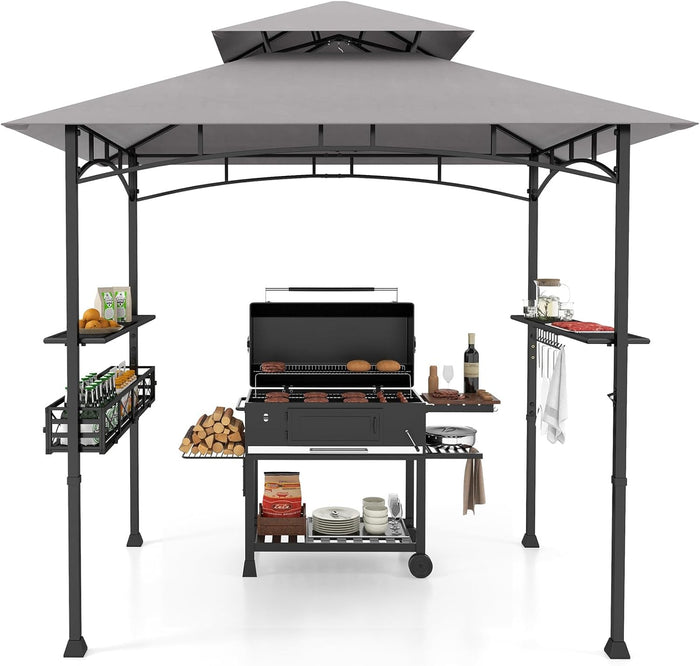 Gazebo per Barbecue, Pergola per BBQ con 2 Ripiani Laterali, Cestino, Ganci Appendiutensili, Apribottiglie, Copertura a 2 Livelli, per Giardino e Cortile, 242 x 153 x 250 cm (Grigio)