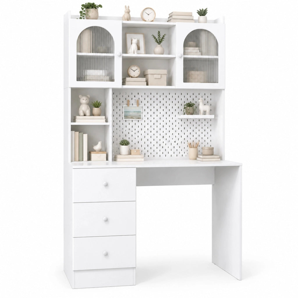 Scrivania con 3 cassetti e pannello forato， MDF bianco 100x55x180 cm