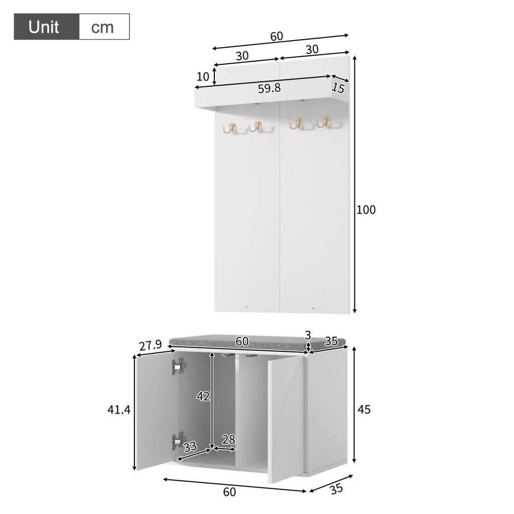 Set ingresso 3 in 1 con attaccapanni, scarpiera a 2 ante e panca porta scarpe, bianco, 60¡Á35¡Á(45+100) cm
