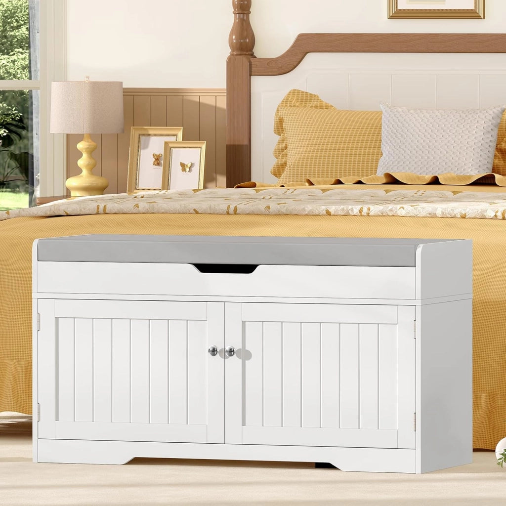 92cm Scarpiera Panca,Panca Contenitore con Cuscino,2 Ripiani Regolabili,Scarpiera per Ingresso, Camera da Letto,92x35x50cm (Bianco)
