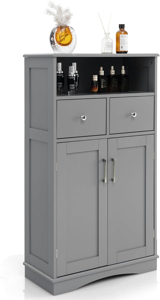 Armadio da Terra con 2 Porte, Mobile da Bagno con 2 Cassetti e 2 Ripiani Regolabili, Mobiletto Multifunzionale per Bagno Cucina e Soggiorno, 60x30x108 cm (Grigio)