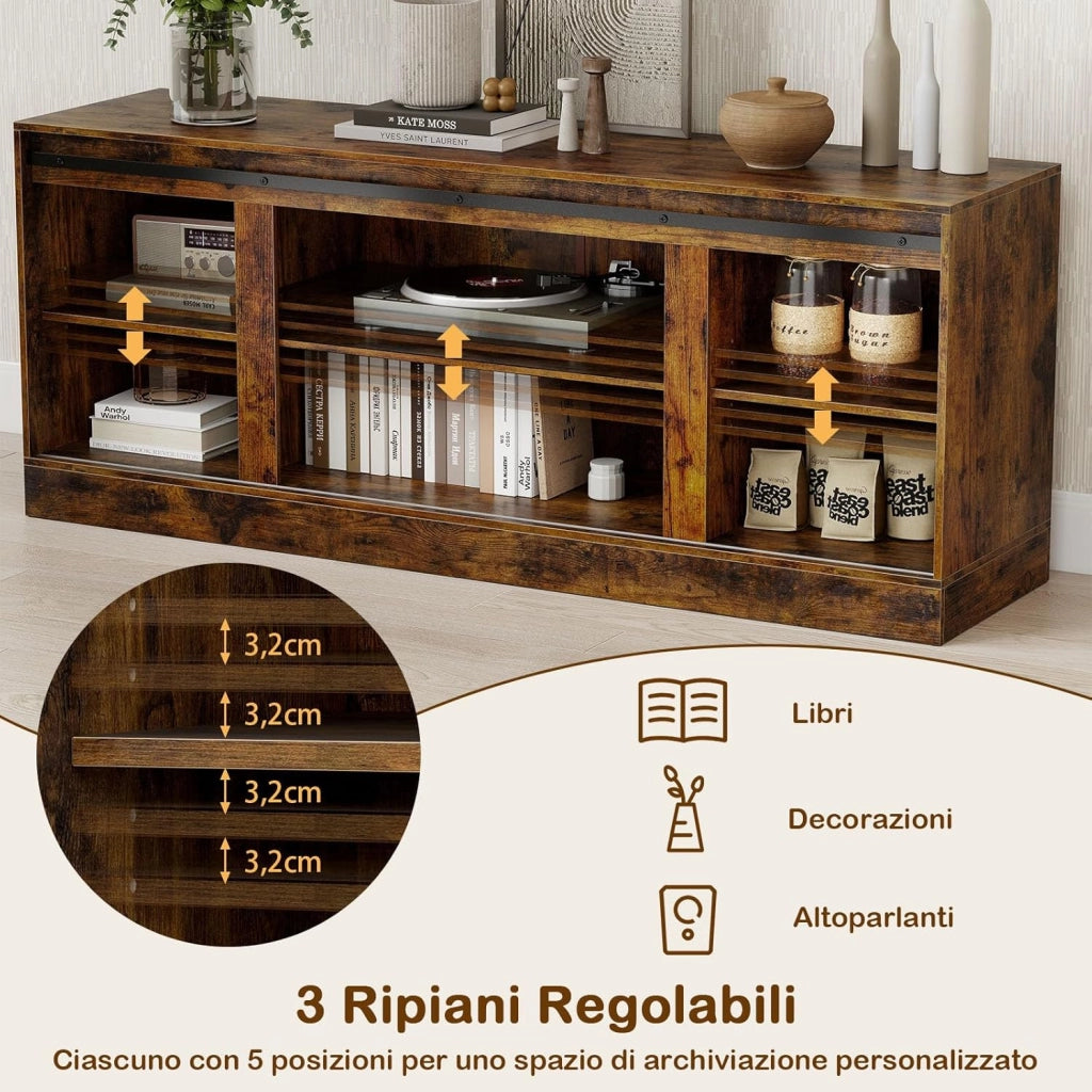 Mobile TV Soggiorno fino a 70'', Tavolino Porta TV con Porte Scorrevoli, Ripiani Regolabili, Consolle Media 150 cm per Soggiorno, Camera da Letto e Ingresso