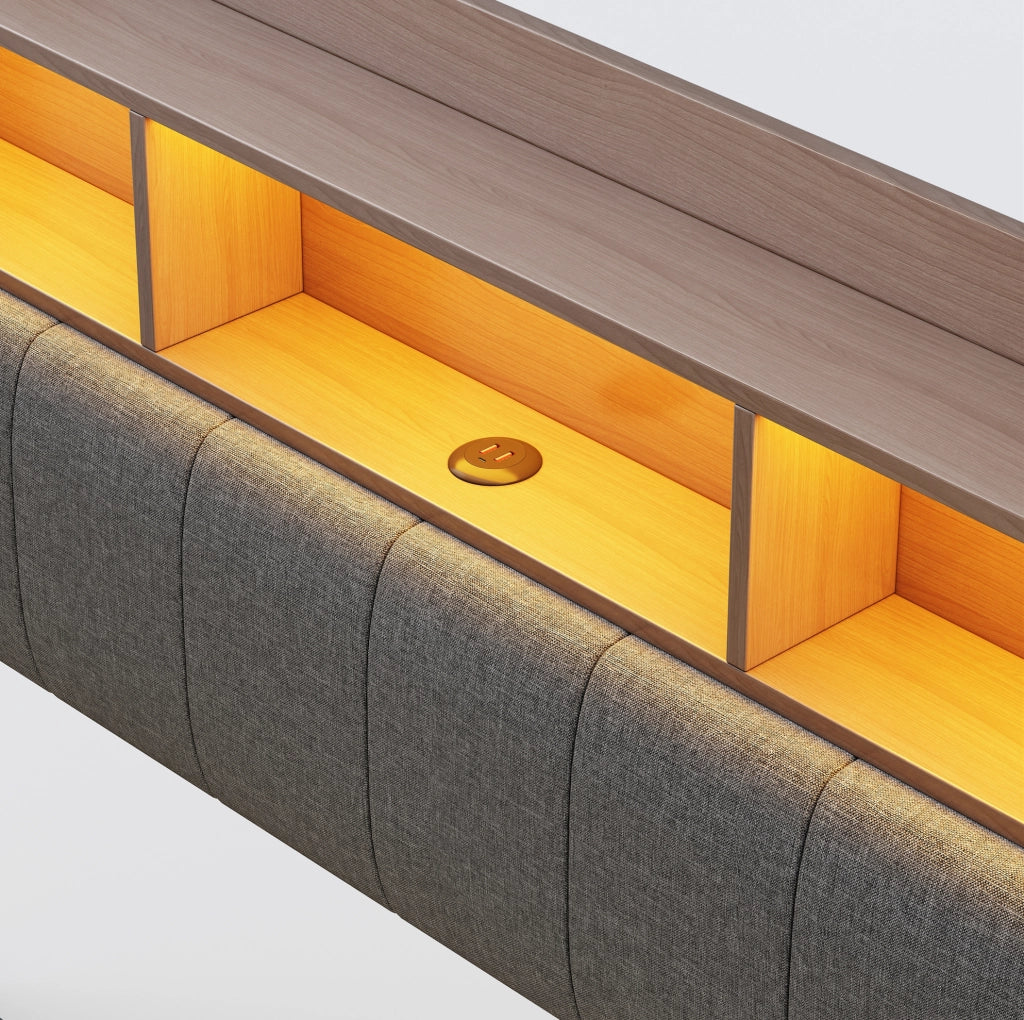 Letto imbottito sospeso 160x200 con LED, USB e porta Type-C, grigio