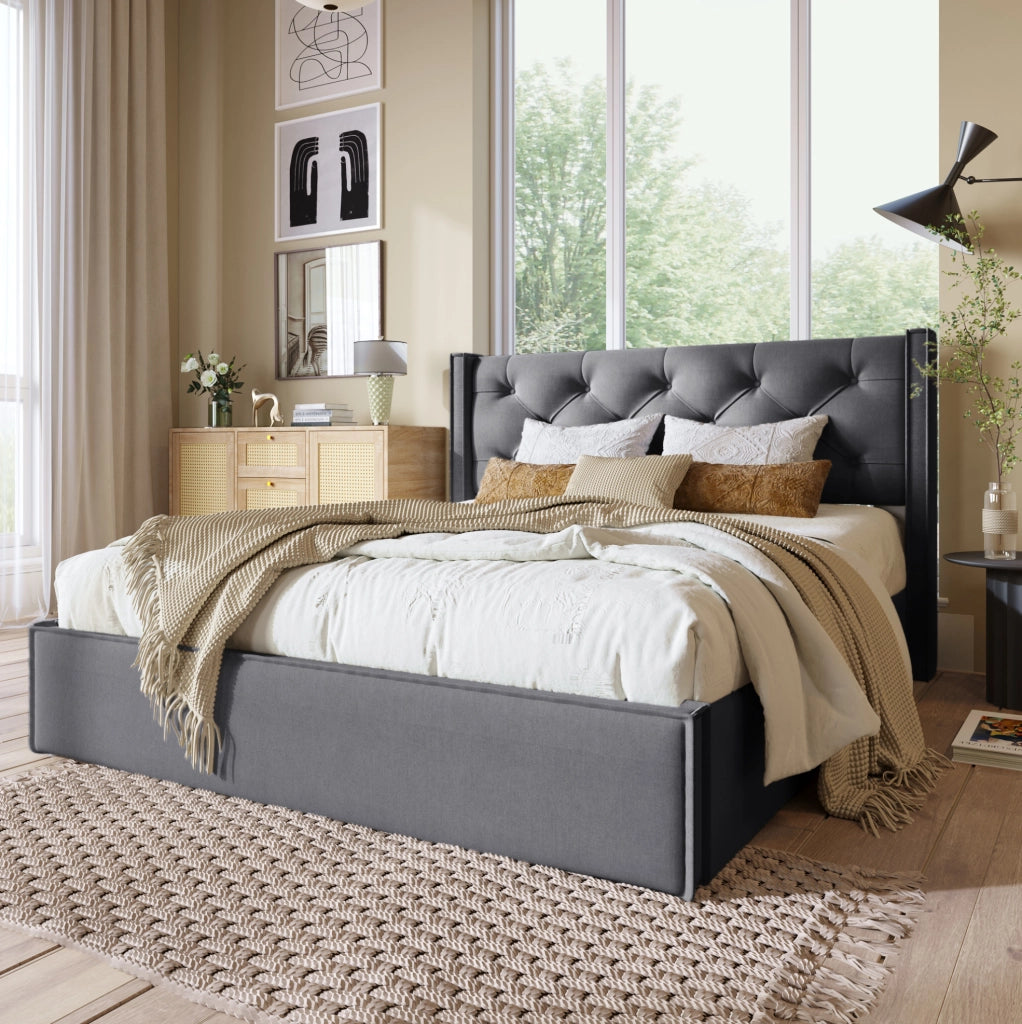 Letto imbottito 140x200 cm con contenitore e rete sollevabile