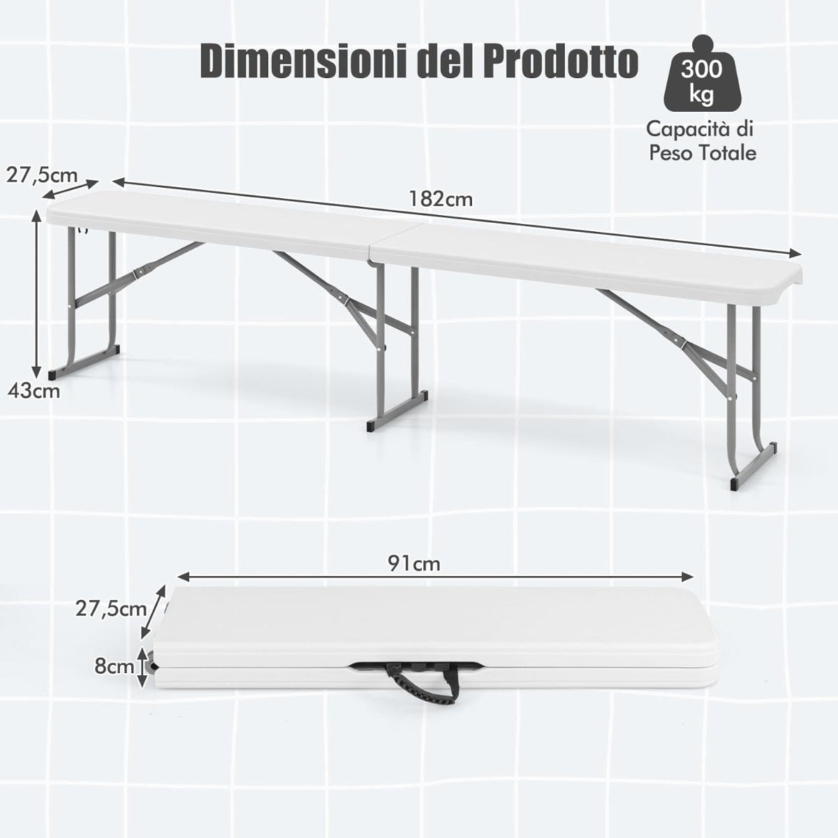 Panca pieghevole in plastica 182 cm per interni ed esterni, Sedia da picnic portatile con piano HDPE Bianco-Panchine