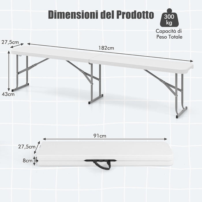Panca pieghevole in plastica 182 cm per interni ed esterni, Sedia da picnic portatile con piano HDPE Bianco-Panchine