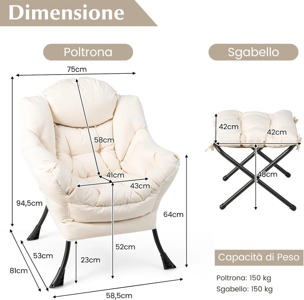 Poltrona Pigra con Poggiapiedi, Poltrona da Lettura Moderna con Cuscino, Braccioli, Poltrona d'Accento per Soggiorno, Camera da Letto, Ufficio e Esterno (beige)