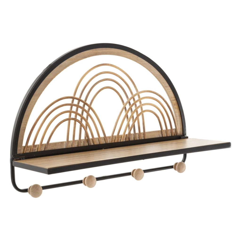 Mensola Oporto con appendiabiti in ferro, legno e rattan — 46x15,5x30 cm