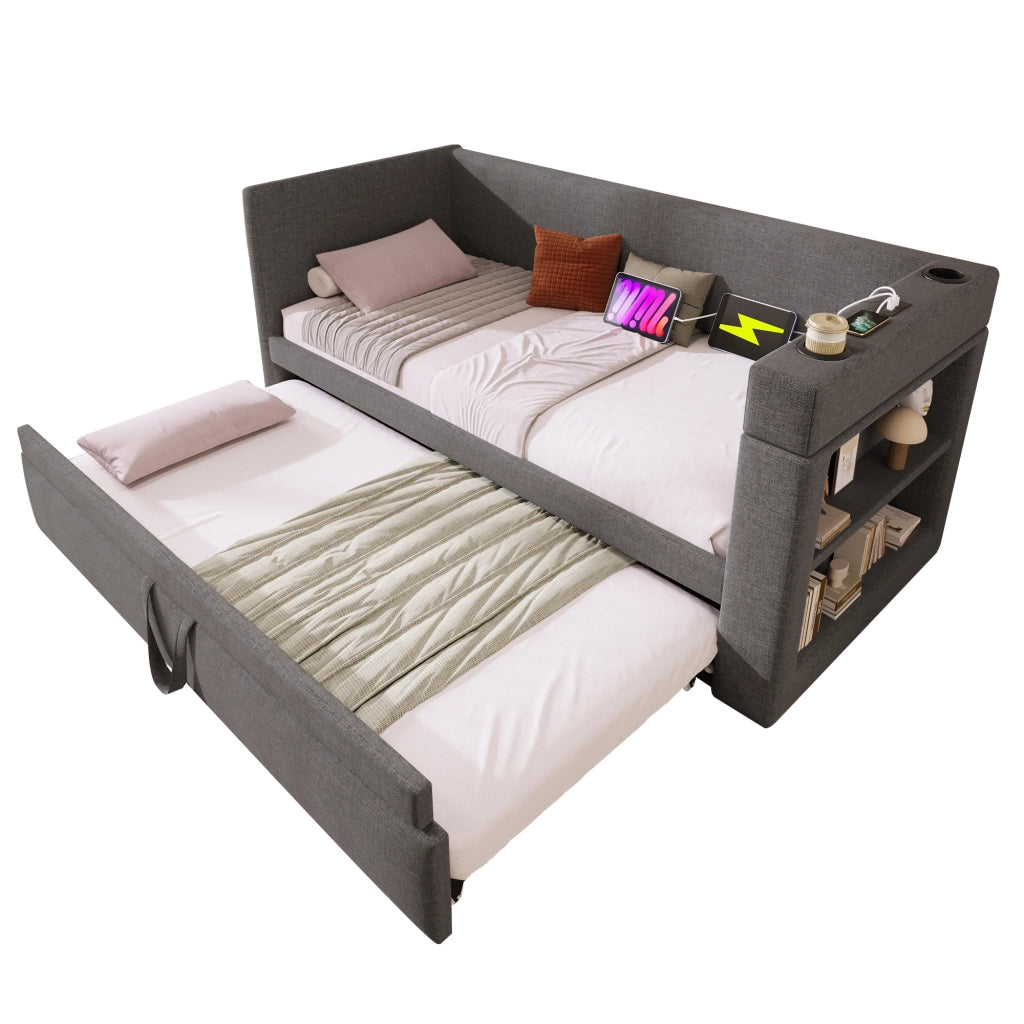 Daybett con letto estraibile cotone lino grigio 90x190 cm