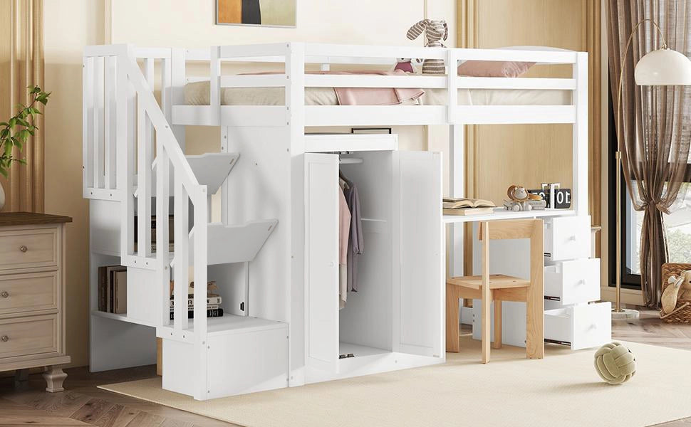 DESMIU Letto a Soppalco 1 Posto con Scrivania, Armadio, 3 Cassetti e Scala Contenitore 90 × 200 cm senza materasso