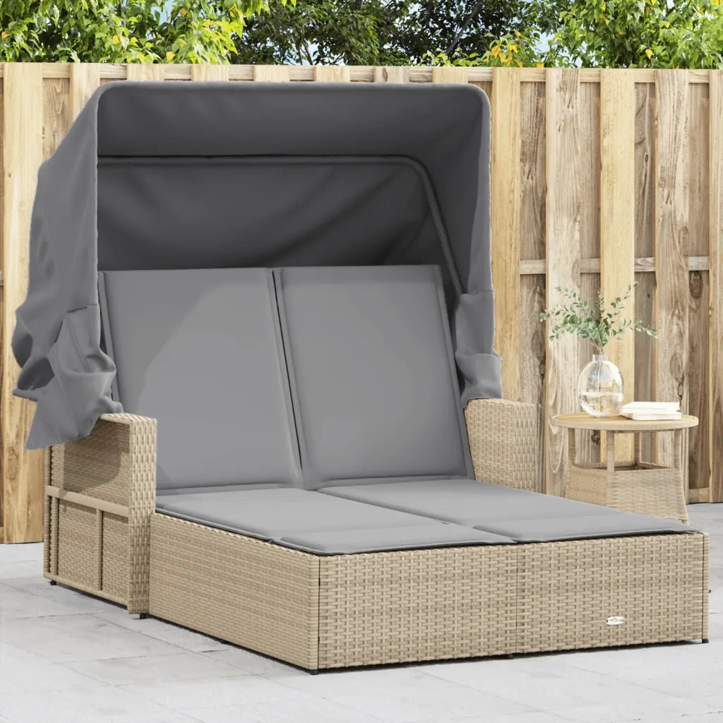 Sdraio da giardino | Lettino Doppio con Baldacchino e Cuscini Beige Misto Polyrattan