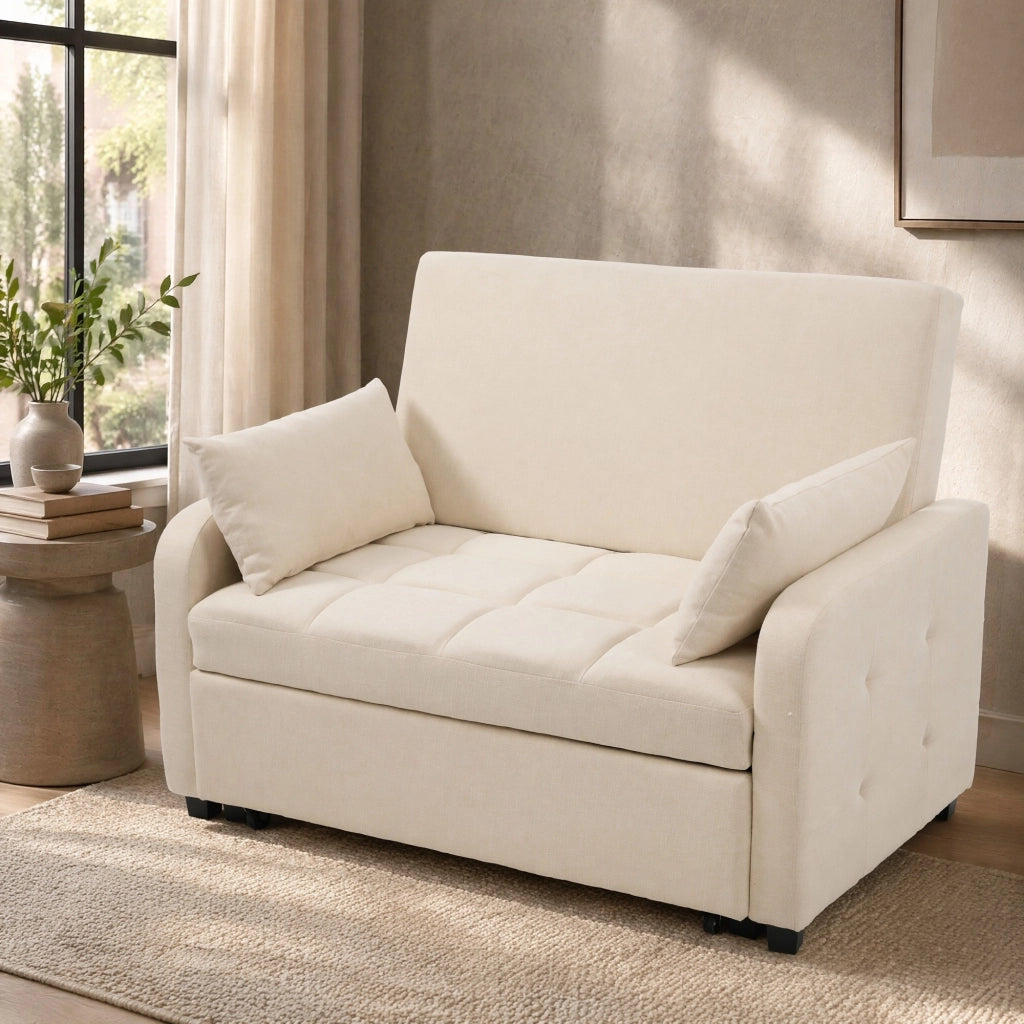 Divano Letto 2 Posti con Schienale Regolabile in 3 Posizioni e 2 Cuscini, Schiuma Beige 127 × 75 × 94 cm