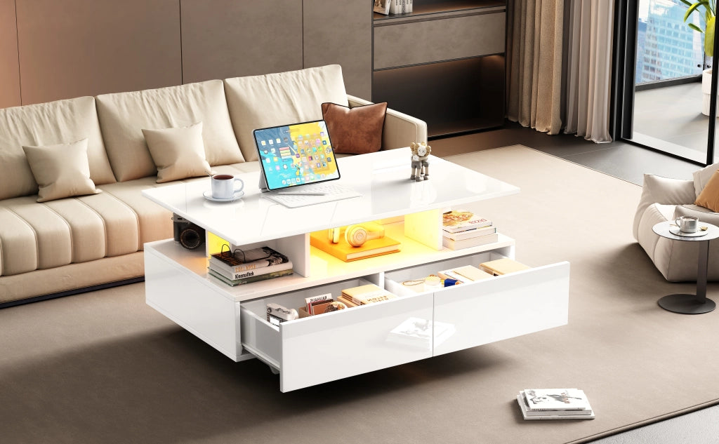 TAVOLINO DA CAFFÈ 90x55x41 cm Bianco lucido con LED e 2 cassetti