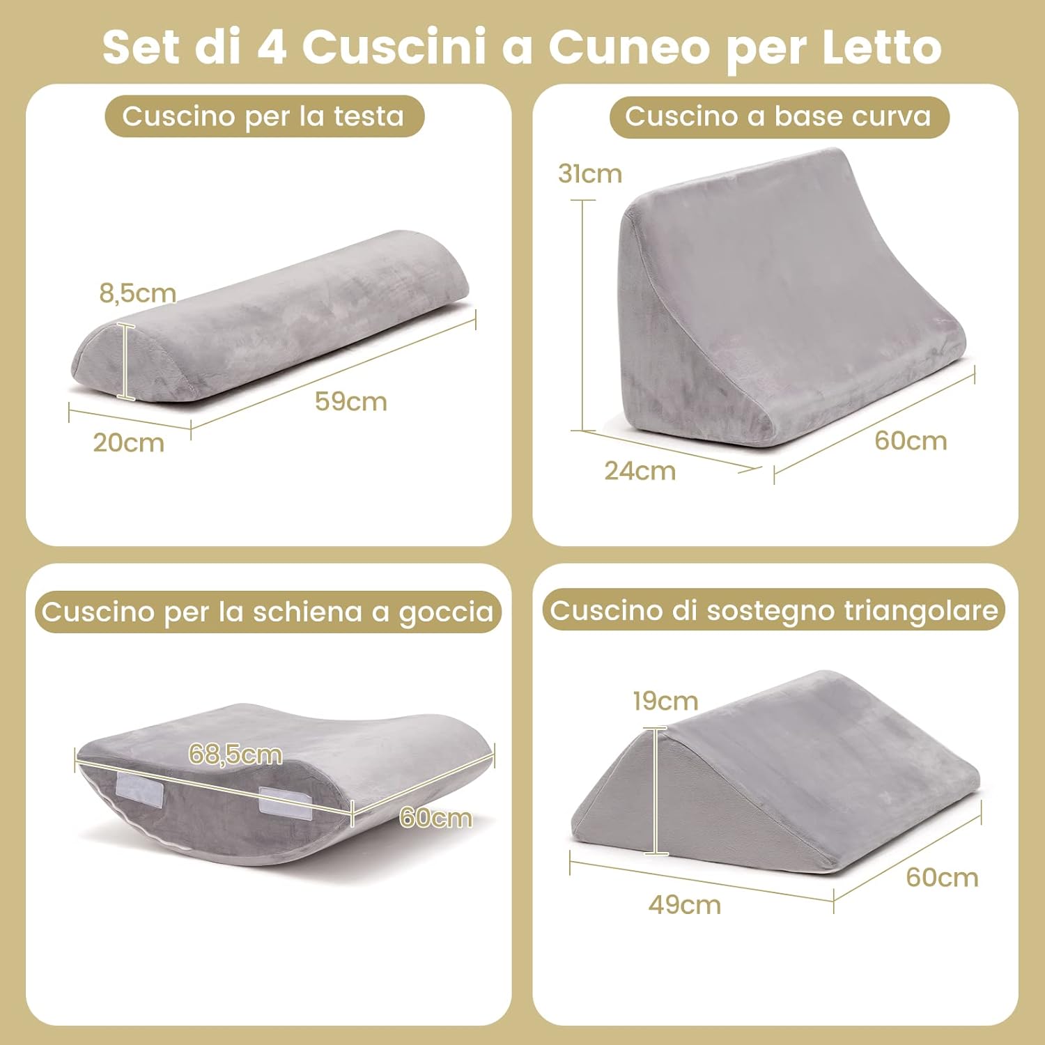 Set di 4/6 Cuscini Regolabili a Cuneo, Cuscino a Cuneo per Letto in Memory Foam, per Alleviare il Dolore alla Schiena Collo e alle Gambe, Poggiatesta Rimovibile, Grigio (4 Pezzi)