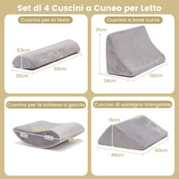 Set di 4/6 Cuscini Regolabili a Cuneo, Cuscino a Cuneo per Letto in Memory Foam, per Alleviare il Dolore alla Schiena Collo e alle Gambe, Poggiatesta Rimovibile, Grigio (4 Pezzi)