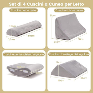 Set di 4/6 Cuscini Regolabili a Cuneo, Cuscino a Cuneo per Letto in Memory Foam, per Alleviare il Dolore alla Schiena Collo e alle Gambe, Poggiatesta Rimovibile, Grigio (4 Pezzi)