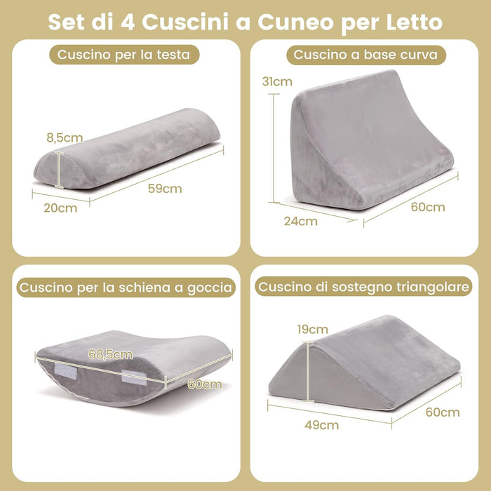 Set di 4/6 Cuscini Regolabili a Cuneo, Cuscino a Cuneo per Letto in Memory Foam, per Alleviare il Dolore alla Schiena Collo e alle Gambe, Poggiatesta Rimovibile, Grigio (4 Pezzi)