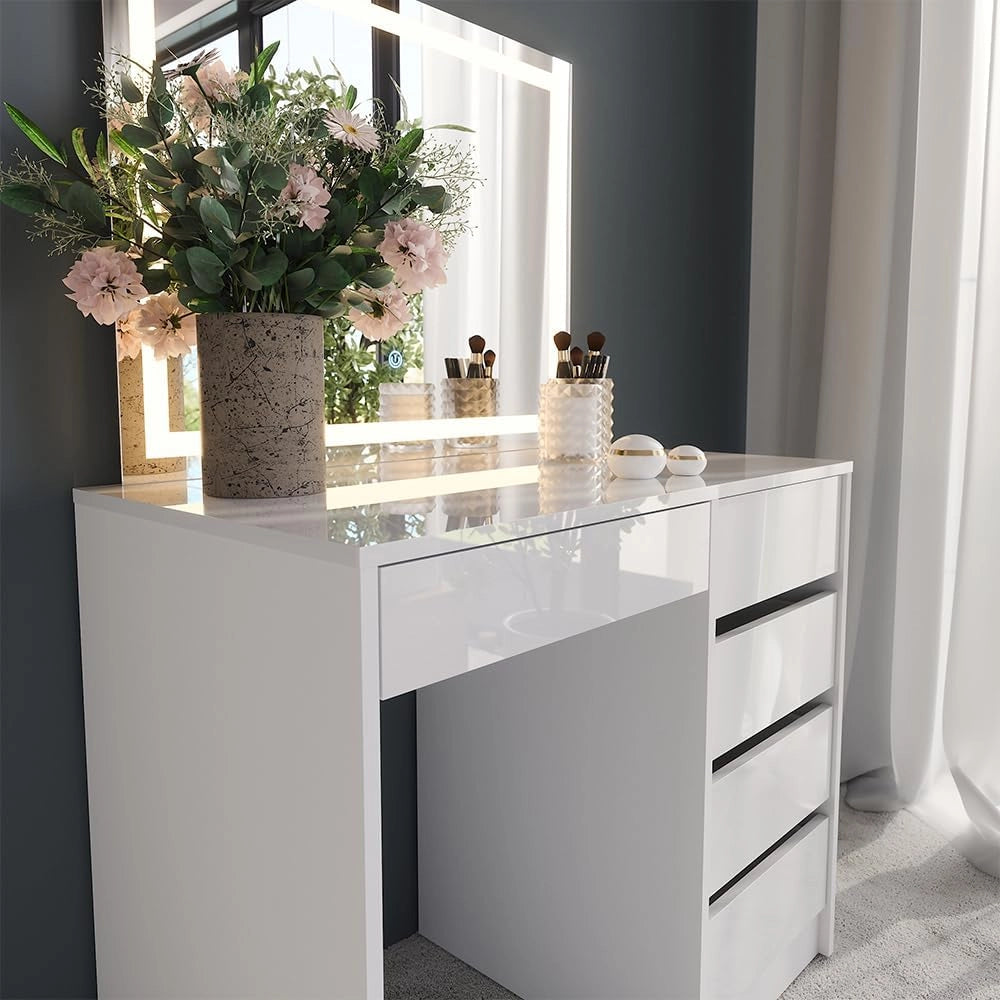 Tavolo da toeletta Sherry, Bianco/bianco lucido, 89.8 cm con specchio LED