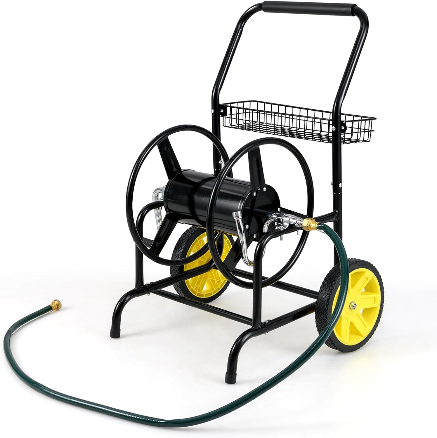Carrello Avvolgitubo da Giardino, Capacità di 70 m per Tubi da 20 mm, Carrello per Tubo da Esterno in Metallo Robusto con 2 Ruote e Cestino Portaoggetti, per Giardino, Prato e Patio (Nero)