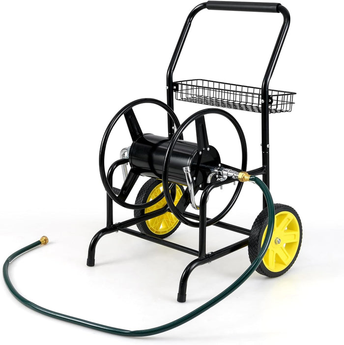 Carrello Avvolgitubo da Giardino, Capacità di 70 m per Tubi da 20 mm, Carrello per Tubo da Esterno in Metallo Robusto con 2 Ruote e Cestino Portaoggetti, per Giardino, Prato e Patio (Nero)