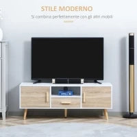 Mobile TV Basso per TV max 46" con Ripiano Aperto, Cassetto e 2 Armadietti, in Truciolato e Pino, 140x40x55.3 cm