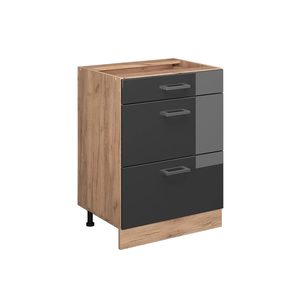 Mobiletto base per cucina R-Line Antracite lucido/Rovere dorato 60 cm con cassetti, senza piano di lavoro Vicco