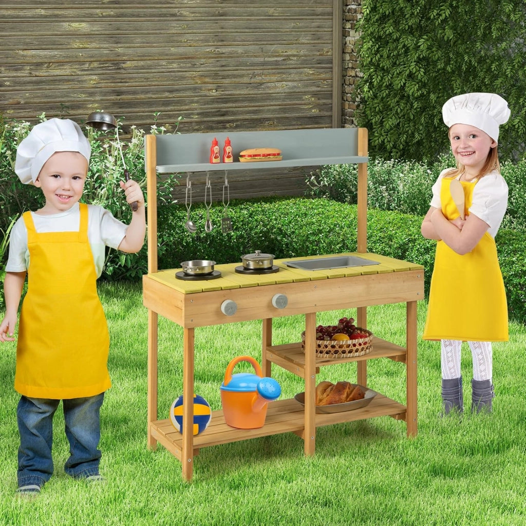 Cucina Giocattolo in Legno, Cucina per Bambini in Legno con Ganci Appendibili, 2 Fornelli, Lavello Rimovibile e Scaffali Aperti, Set da Giocattolo per Bambini 3+ Anni