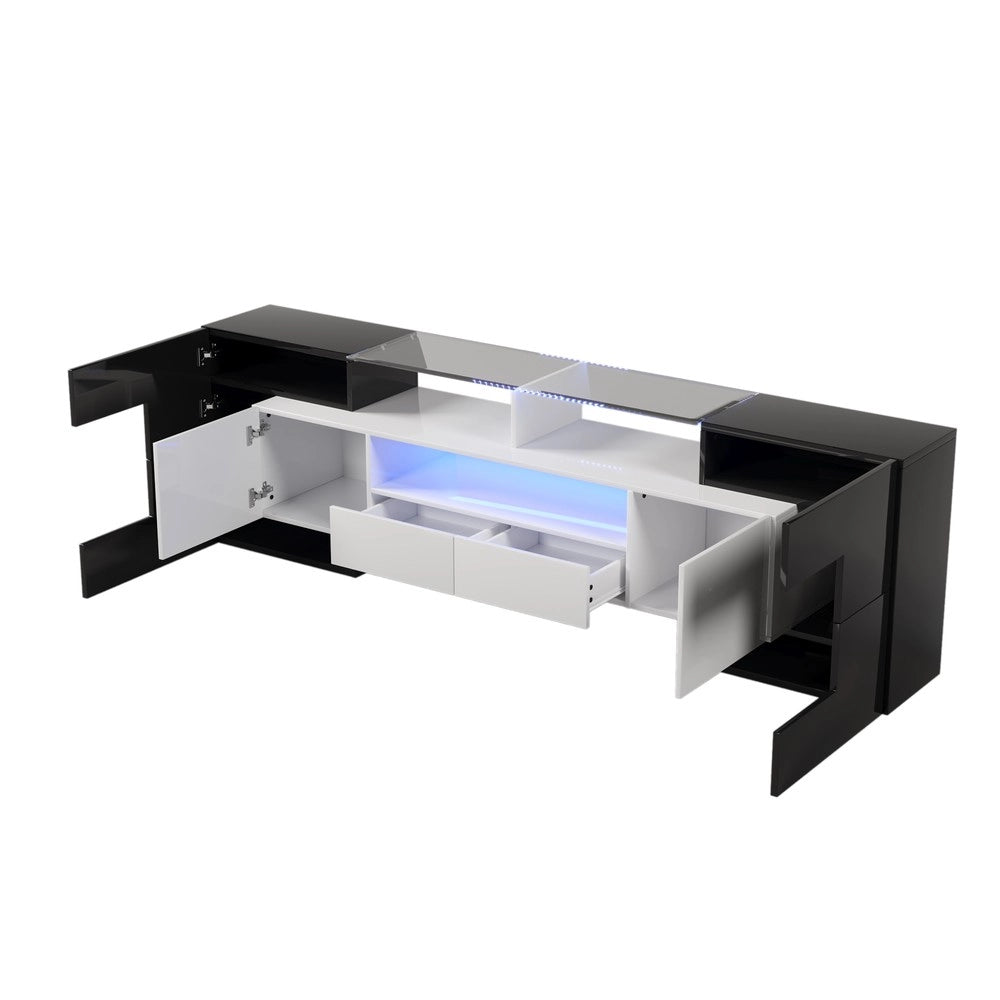 Mobile TV Basso ¨C Xylo ¨C Bianco Lucido e Nero, LED, Vetro, 200 cm