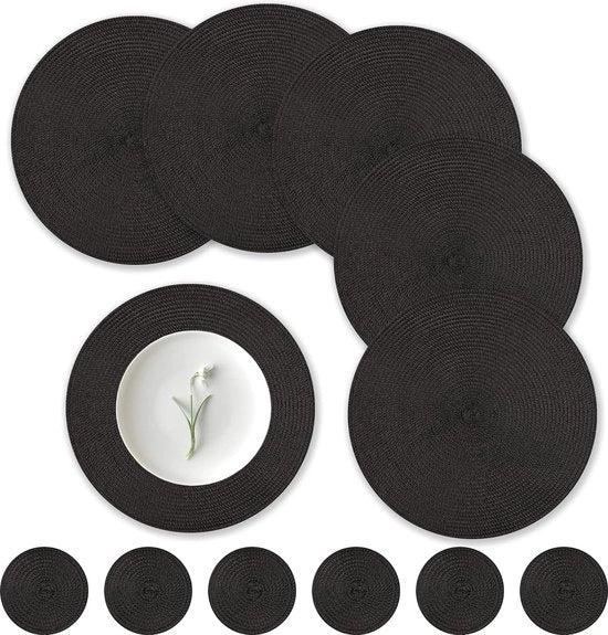 Set di 12 piatti rotondi per tavola, lavabili, 34 cm, piatti rotondi tessuti, resistente al calore, con sottopiatto, nero, rotondi, per cucina, Natale, festa, matrimonio (nero)