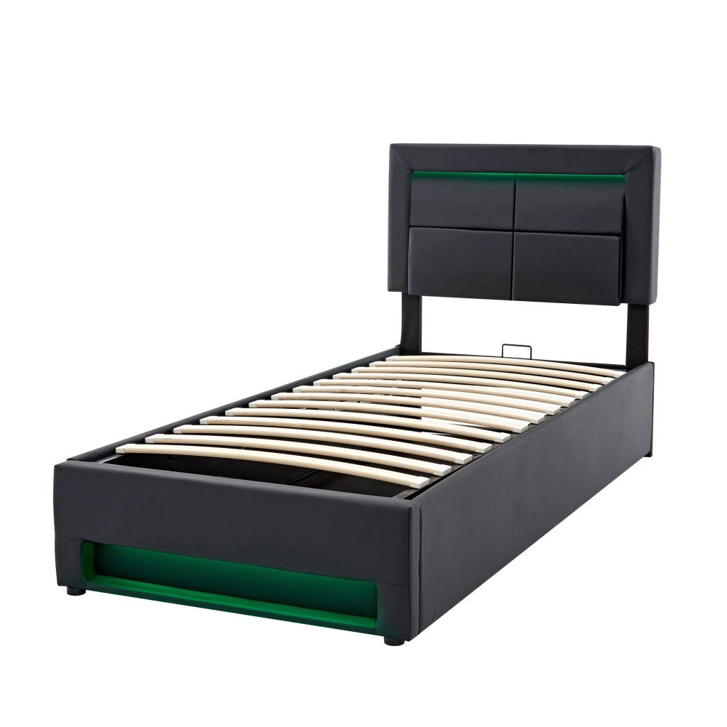 Letti contenitori 90x200 cm; USB e LED; contenitore; PU nero (Senza materasso)