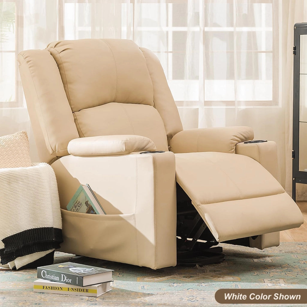 Poltrona Relax Reclinabile Poltrone Relax Elettriche Schienale Regolabile, Poggiapiedi Retrattile, con 2 Portabicchieri, Tasche Laterali, Supporto per Stare in Piedi, Pelle PU,Bianco