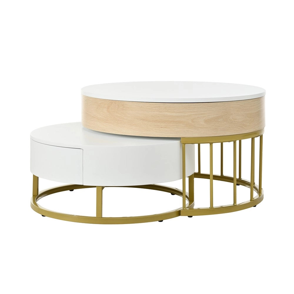 Tavolino da Caff¨¨ Rotondo Set 2 Pezzi ¨C MINIMAL ¨C Bianco Effetto Legno, MDF, Cassetto, Gambe Metallo Oro