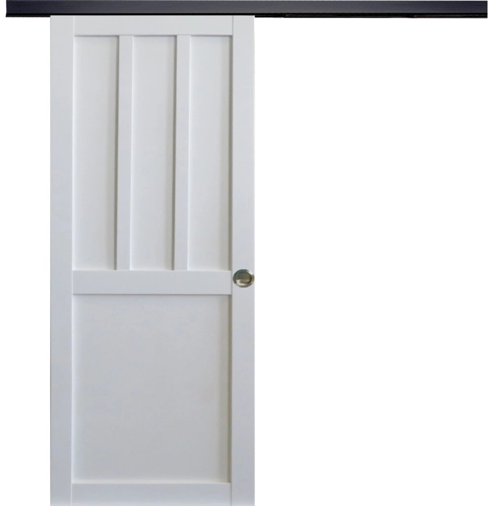 Porta scorrevole Officina 2 pannelli bianchi, larghezza 83 +binario in alluminio nero + 2 gusci installati