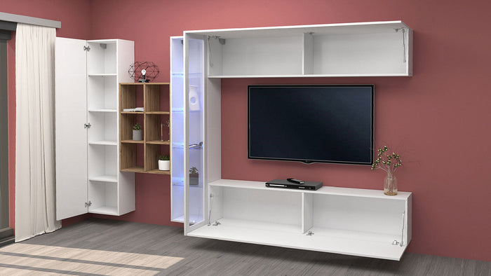 Parete Attrezzata Soggiorno 340x30x180 cm Maruska n°14 Bianco Lucido/Rovere Wotan