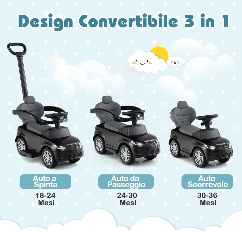3 in 1 Auto a Spinta, Macchinina a Pedale con Manico Removibile e Paracolpi, Clacson e Suodo di Avvio, Macchina Cavalcabile per Bambini 18-36 Mesi (Nero)